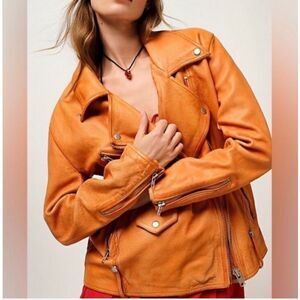 NWT Free People Free People Jealousy Leather Moto Jacket Orange Tan Brown Small